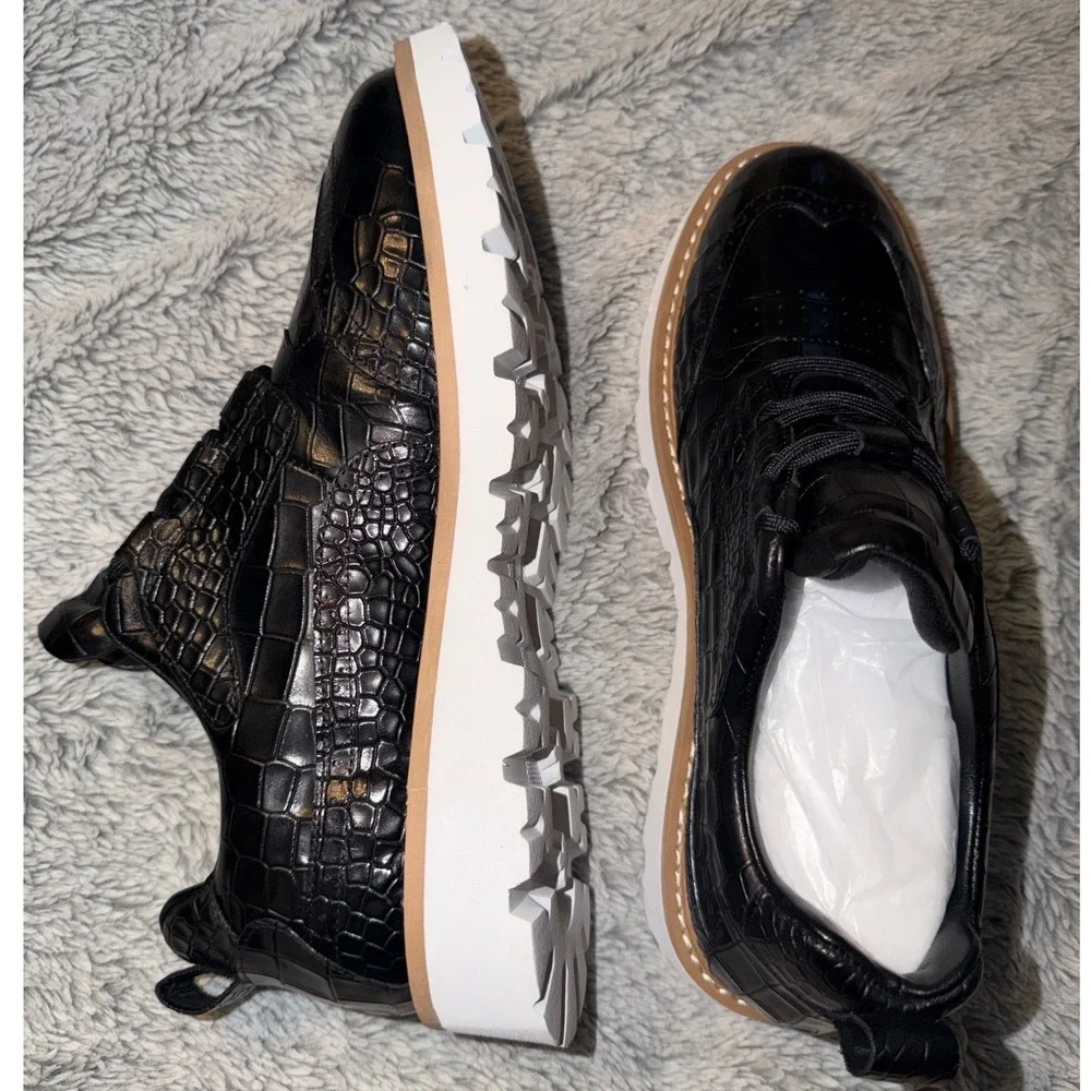 Mens Black Crocodile Embossed Wingtip Brogue Lug Sole Dress Shoes 9.5 60818
